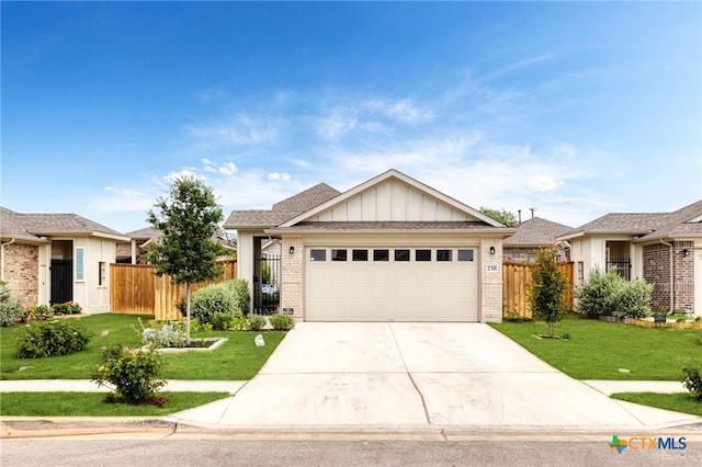 ranch-style house with a garage and a front yard