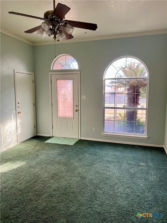 carpeted foyer entrance featuring ornamental molding, a textured ceiling, and baseboards