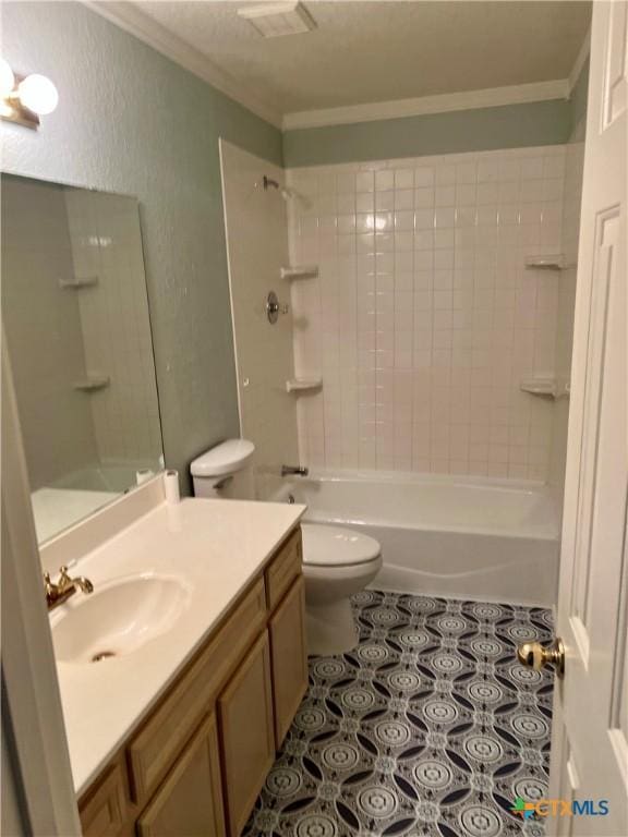 bathroom with toilet, ornamental molding, tile patterned flooring, vanity, and washtub / shower combination