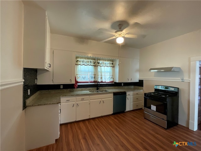 kitchen with stainless steel appliances, sink, dark hardwood / wood-style floors, ceiling fan, and white cabinetry