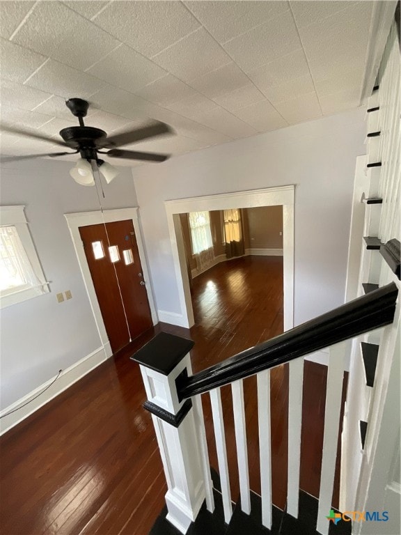 foyer entrance with ceiling fan and dark hardwood / wood-style flooring