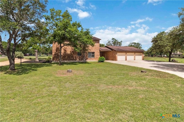 2406 Northwoods Dr, New Braunfels, TX 78132 - view of front facade featuring a garage, driveway, a front lawn, and brick siding