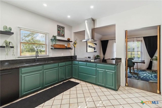 2406 Northwoods Dr, New Braunfels, TX 78132 - kitchen featuring open shelves, wall chimney exhaust hood, dishwashing machine, light tile patterned flooring, and recessed lighting