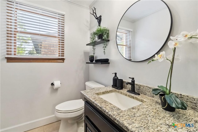 2406 Northwoods Dr, New Braunfels, TX 78132 - bathroom featuring vanity, crown molding, plenty of natural light, and tile patterned flooring