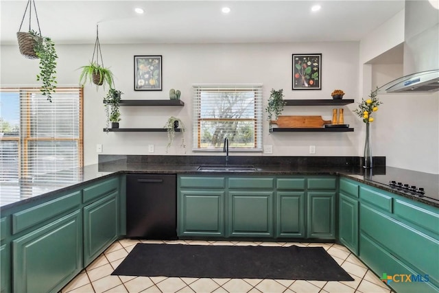 2406 Northwoods Dr, New Braunfels, TX 78132 - kitchen with open shelves, wall chimney range hood, recessed lighting, black appliances, and light tile patterned floors