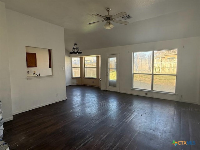 unfurnished living room with ceiling fan, dark wood-type flooring, and lofted ceiling