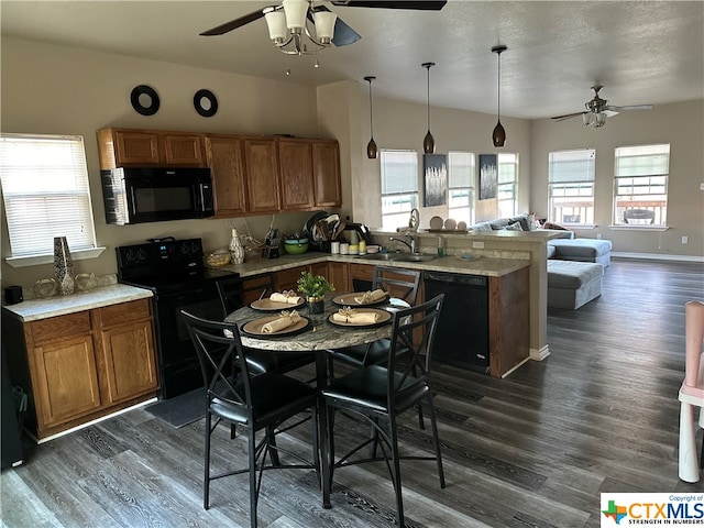 kitchen with dark hardwood / wood-style flooring, black appliances, sink, ceiling fan, and pendant lighting