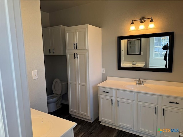 bathroom featuring toilet, wood finished floors, and vanity