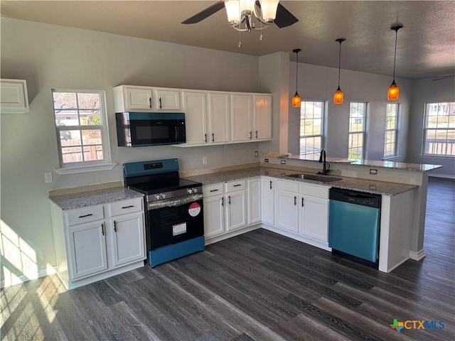 kitchen featuring dishwashing machine, dark wood finished floors, a sink, electric stove, and black microwave