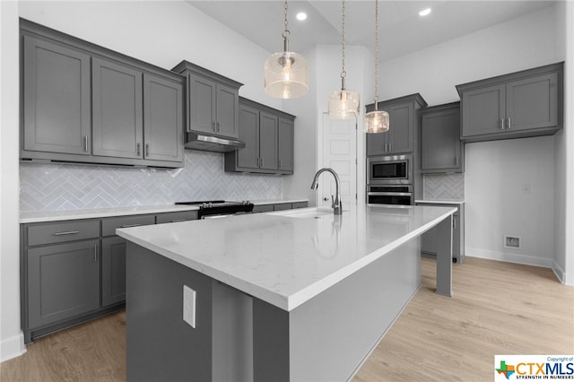 kitchen featuring a kitchen island with sink, sink, and appliances with stainless steel finishes