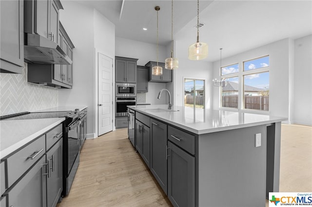 kitchen featuring gray cabinetry, a center island with sink, sink, decorative backsplash, and stainless steel appliances