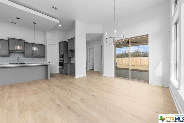 kitchen with decorative backsplash, stainless steel appliances, sink, decorative light fixtures, and a chandelier