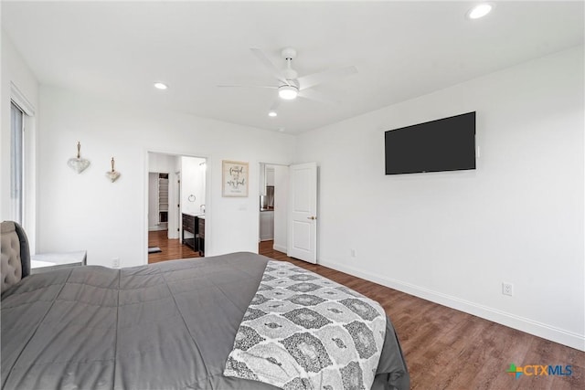 bedroom with recessed lighting, wood finished floors, a ceiling fan, and baseboards