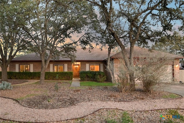 ranch-style house featuring brick siding, a garage, driveway, and a shingled roof