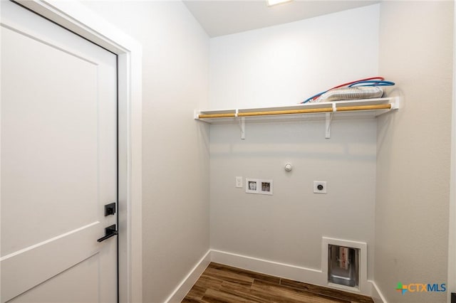 clothes washing area with electric dryer hookup, washer hookup, hookup for a gas dryer, and dark hardwood / wood-style flooring