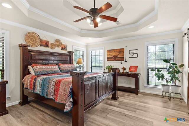 bedroom with ornamental molding, light hardwood / wood-style floors, multiple windows, and a raised ceiling