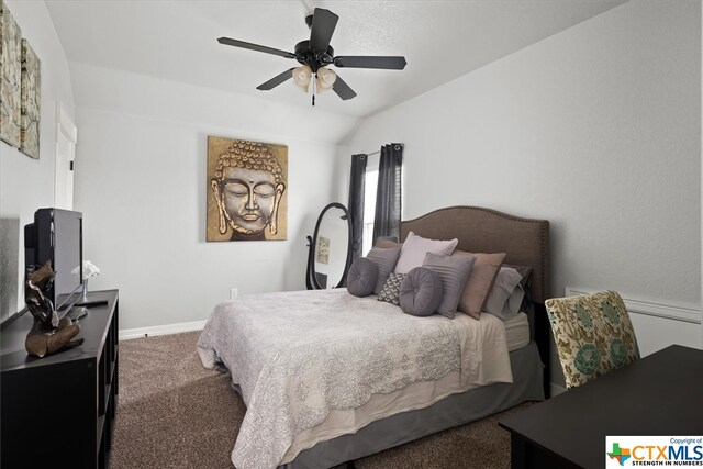 bedroom featuring ceiling fan, lofted ceiling, and carpet