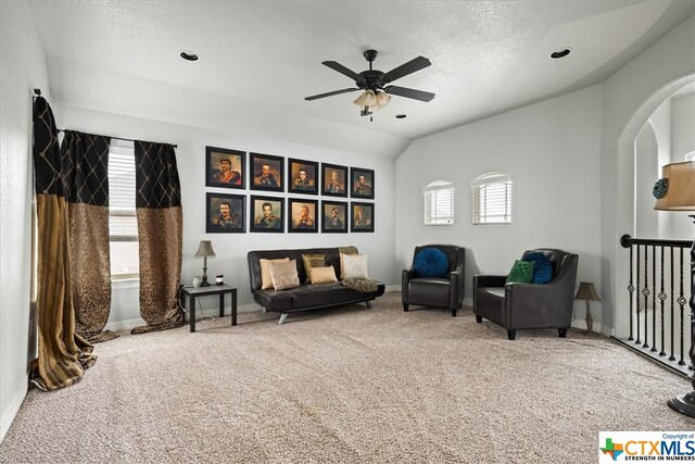 sitting room featuring vaulted ceiling, a healthy amount of sunlight, and carpet floors