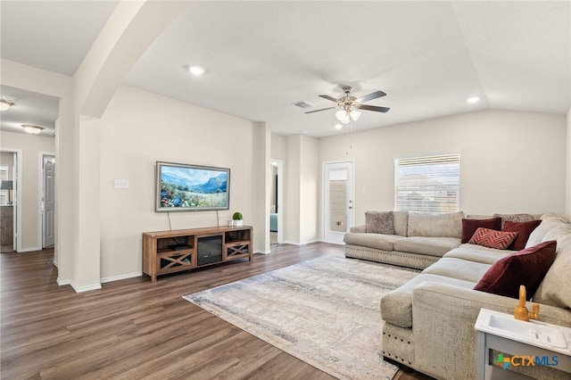 2520 Cortona St, Harker Heights, TX 76548 - living area featuring ceiling fan, wood finished floors, recessed lighting, and arched walkways
