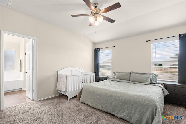 2520 Cortona St, Harker Heights, TX 76548 - bedroom featuring carpet flooring, lofted ceiling, ceiling fan, and ensuite bath