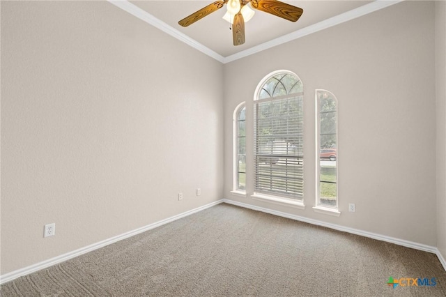 5620 Drystone Ln, Killeen, TX 76542 - unfurnished room with carpet flooring, crown molding, a ceiling fan, and baseboards