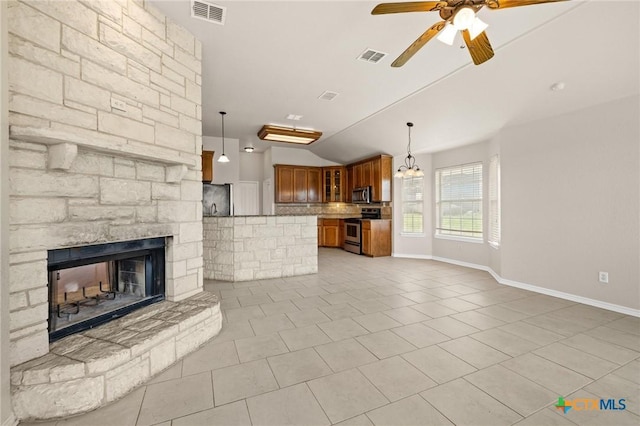 5620 Drystone Ln, Killeen, TX 76542 - unfurnished living room with ceiling fan, light tile patterned floors, vaulted ceiling, a fireplace, and baseboards