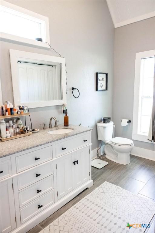 403 E 13th St, Shiner, TX 77984 - bathroom with vanity, wood finished floors, and lofted ceiling