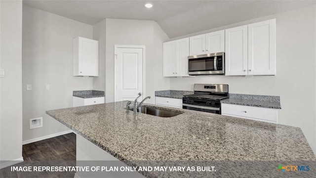 816 Indian Way, Seguin, TX 78155 - kitchen with stainless steel appliances, a sink, stone countertops, baseboards, and dark wood-style floors