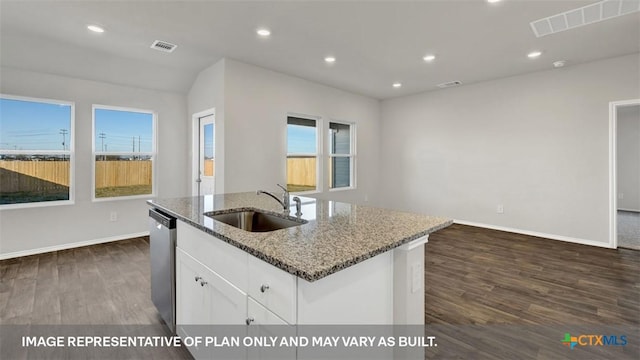816 Indian Way, Seguin, TX 78155 - kitchen with a sink, dishwasher, stone counters, dark wood-style flooring, and a center island with sink