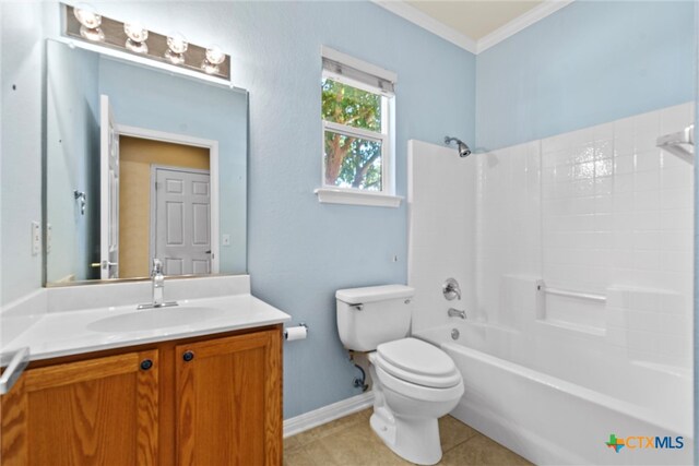 full bathroom featuring shower / tub combination, vanity, crown molding, tile patterned floors, and toilet