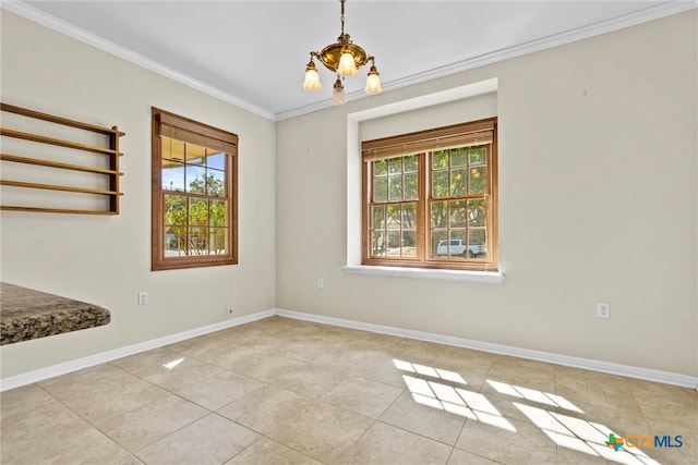 unfurnished dining area with light tile patterned flooring, an inviting chandelier, and crown molding