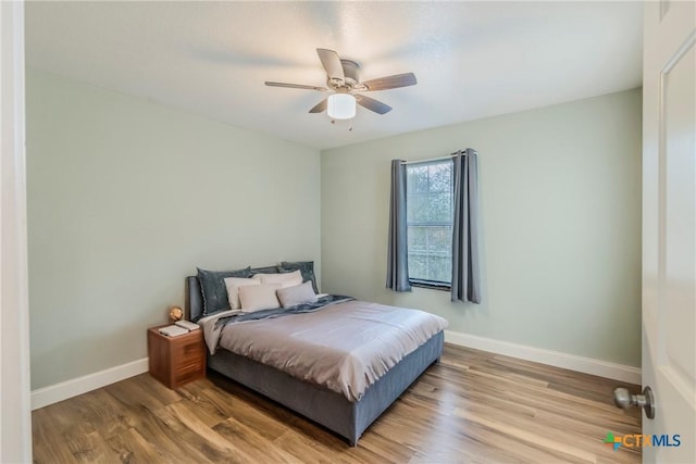 bedroom featuring ceiling fan and wood-type flooring