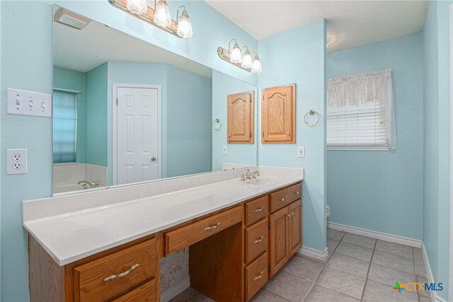 bathroom featuring vanity, tile patterned flooring, toilet, and a bathing tub