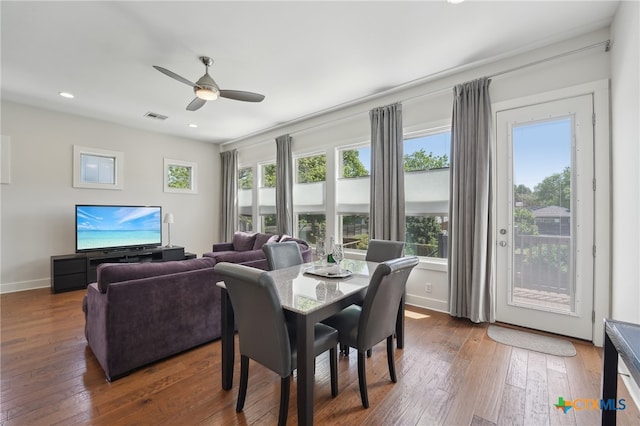 5401 Joe Sayers Ave Unit B, Austin, TX 78756 - dining area with visible vents, baseboards, ceiling fan, recessed lighting, and wood-type flooring