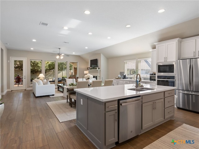 514 Orchard Way, New Braunfels, TX 78132 - kitchen with stainless steel appliances, a sink, open floor plan, gray cabinetry, and light countertops