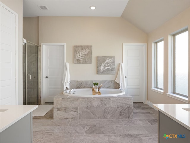 514 Orchard Way, New Braunfels, TX 78132 - bathroom with vanity, healthy amount of natural light, a stall shower, a bath, and vaulted ceiling