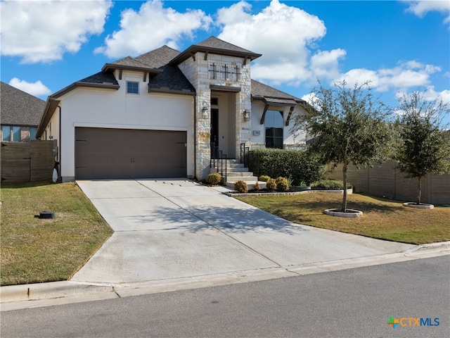 514 Orchard Way, New Braunfels, TX 78132 - view of front of property with stone siding, an attached garage, concrete driveway, stucco siding, and roof with shingles