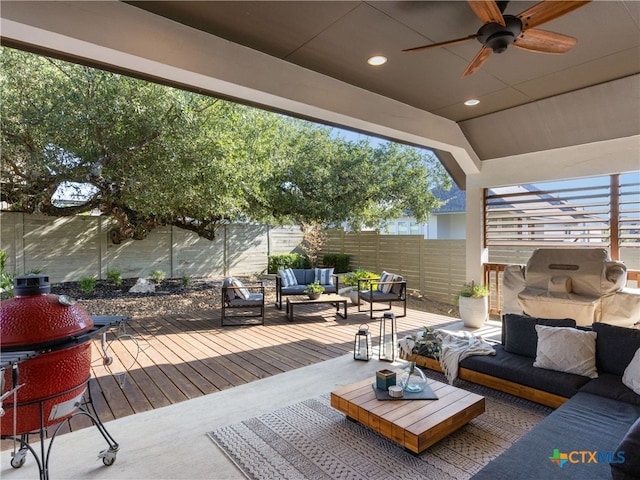 514 Orchard Way, New Braunfels, TX 78132 - wooden deck featuring an outdoor living space, a fenced backyard, and a ceiling fan