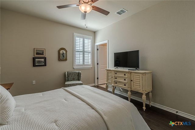 bedroom with visible vents, dark wood finished floors, baseboards, and ceiling fan