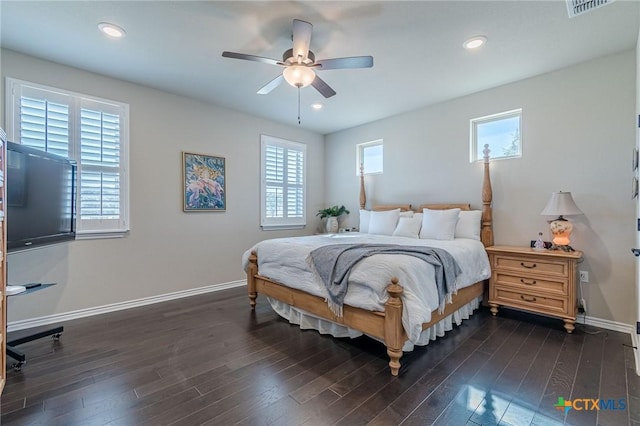 bedroom with recessed lighting, dark wood finished floors, baseboards, and ceiling fan