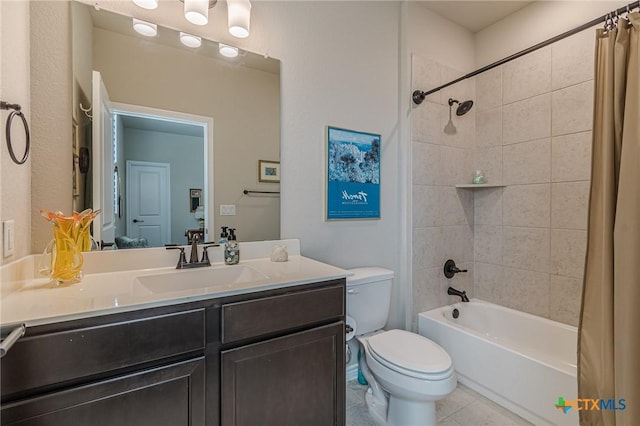 full bathroom featuring toilet, vanity, shower / bathtub combination with curtain, and tile patterned flooring