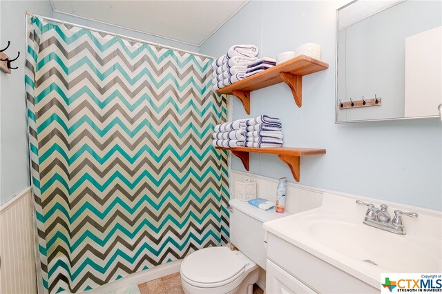 bathroom featuring vanity, toilet, and a shower with shower curtain