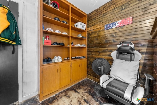 living area featuring wood walls