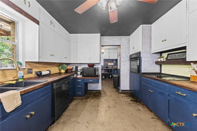 kitchen featuring blue cabinets, black appliances, ceiling fan, and unfinished concrete floors