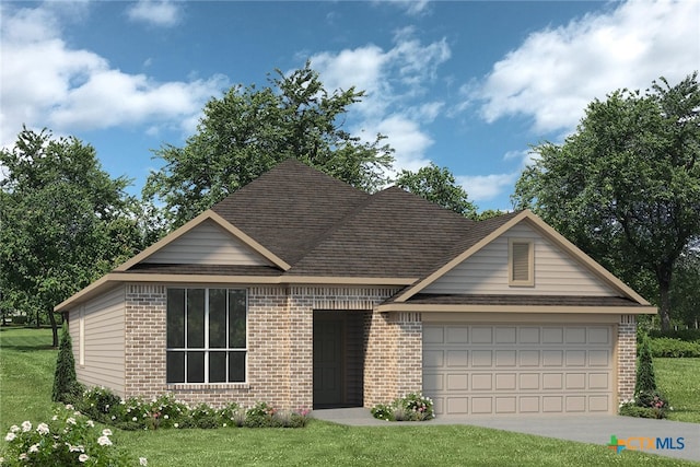 view of front facade with an attached garage, a shingled roof, and brick siding