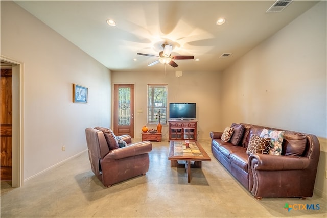 living room featuring ceiling fan