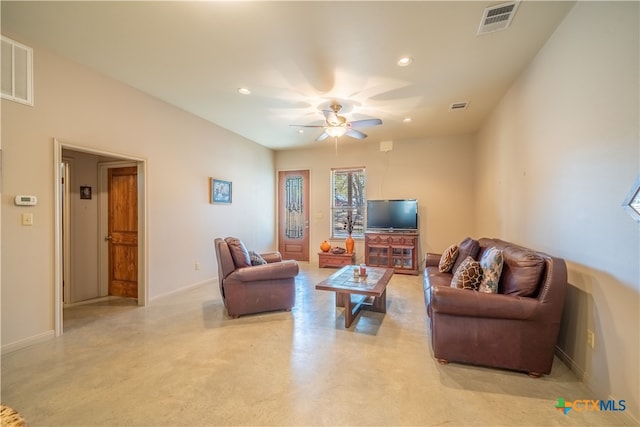 living room featuring ceiling fan