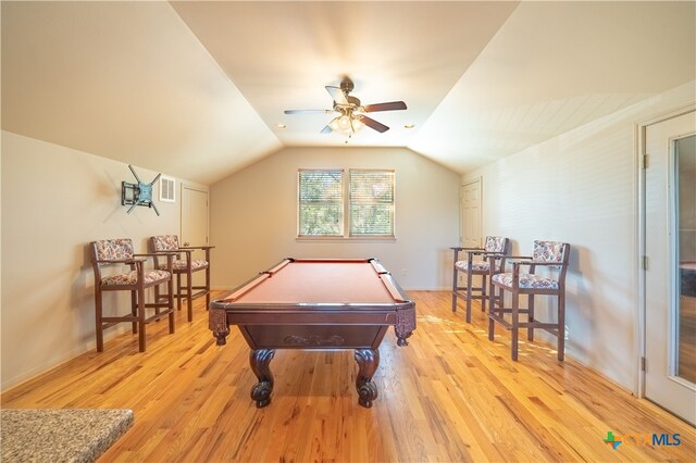 rec room featuring light wood-type flooring, ceiling fan, pool table, and vaulted ceiling