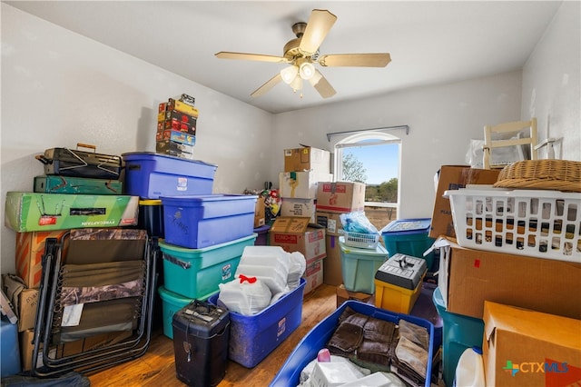 storage area featuring ceiling fan