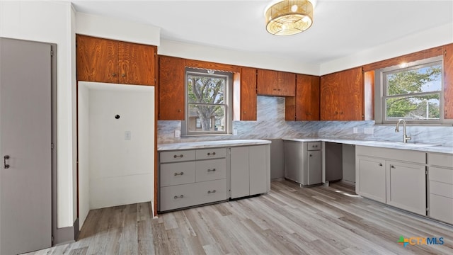 kitchen featuring light hardwood / wood-style floors, tasteful backsplash, and sink